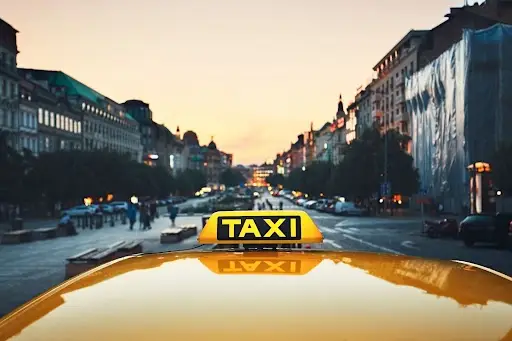 A yellow taxi with a lit TAXI sign on its roof is parked on a city street at sunset, with historic buildings and streetlights visible in the background.