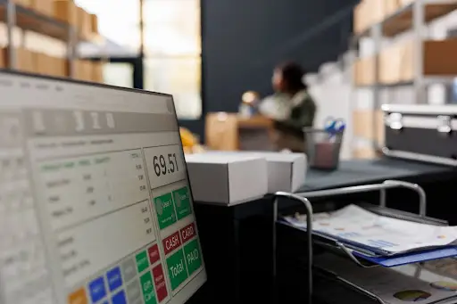 A close-up of a computer screen displaying a payment interface in a warehouse or shipping area, with a blurred person working among shelves and packages in the background.