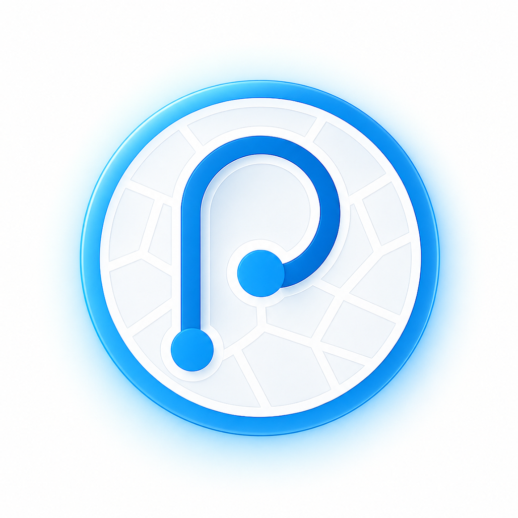 A blue and white circular logo with a stylized P shape and two dots, over a geometric network pattern background.